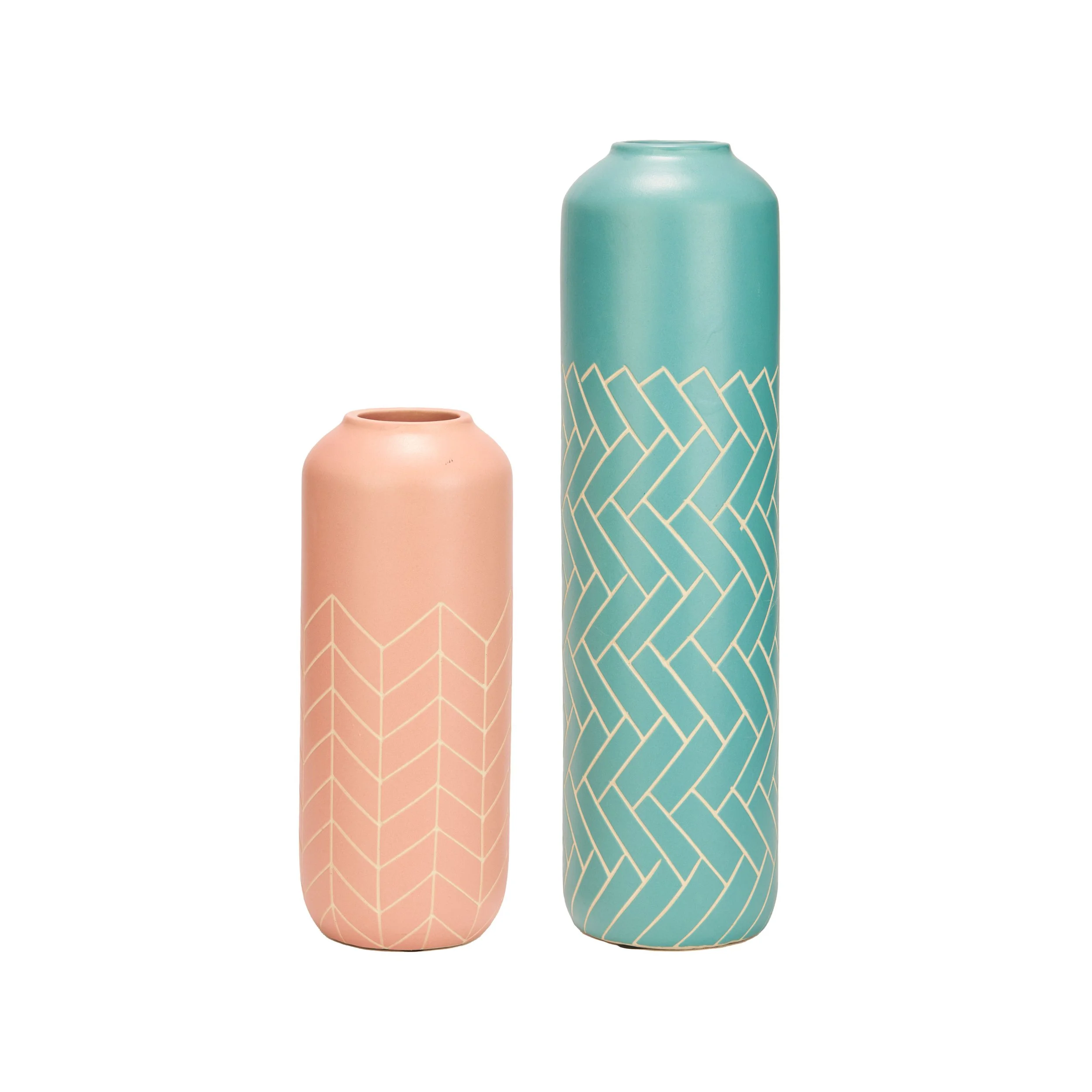 Two ceramic vases: a taller, blue one with a geometric pattern and a shorter, pink one with a similar pattern, both on a white background.