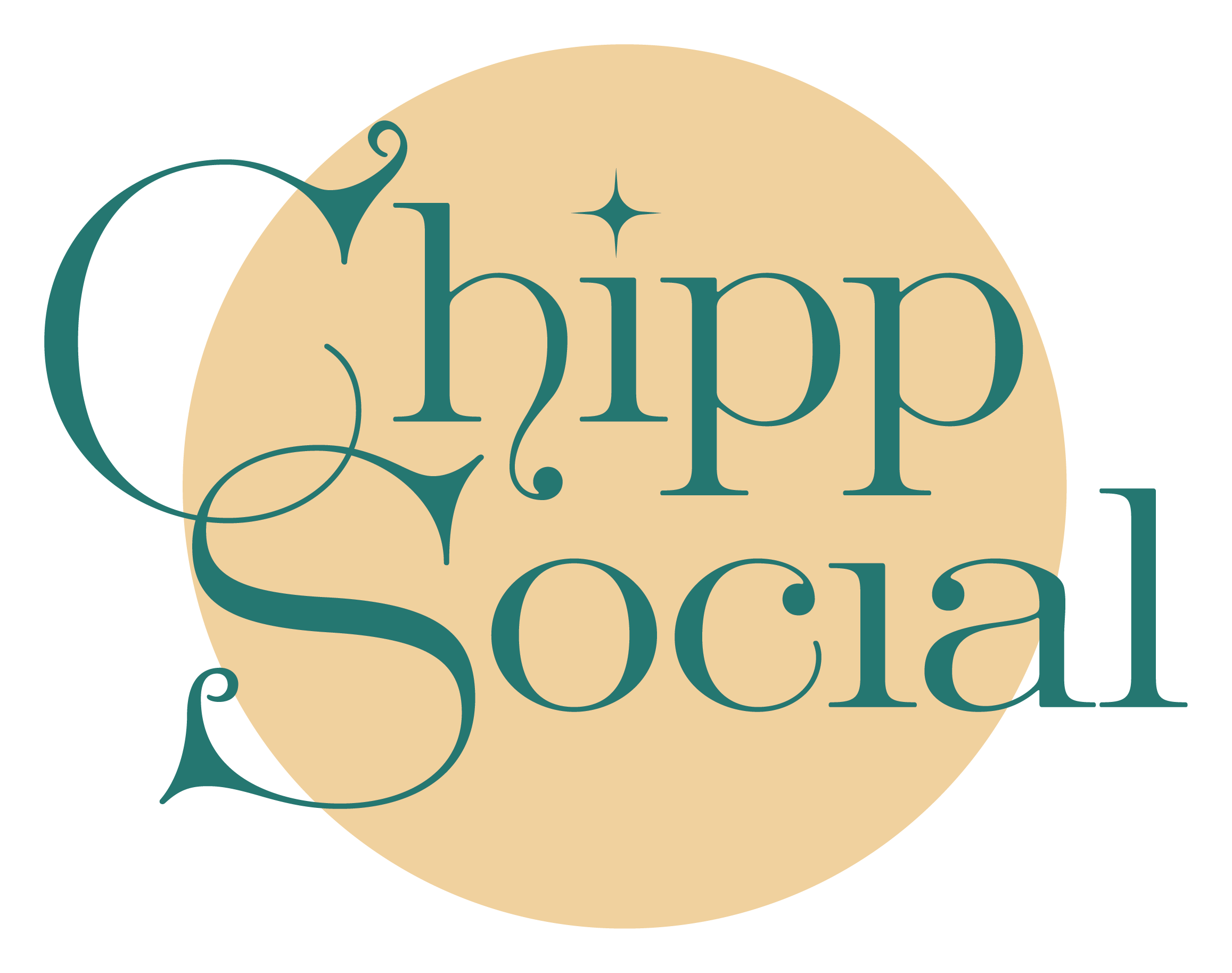 Decorative teal typography reading “hippie social” over a large beige circle on a black background.