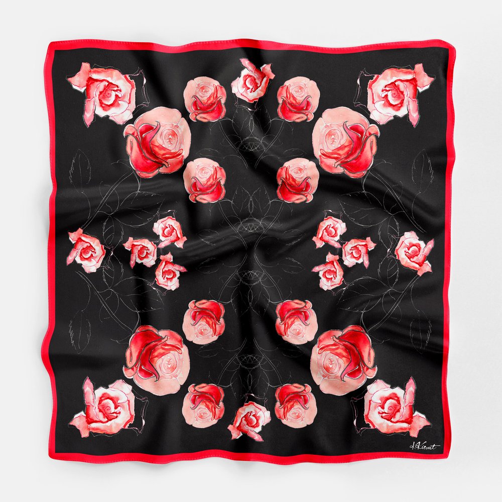 Black Rose Silky Scarf  BLACK ROSE - Monochrome Floral - Silk Blend Head Neck Scarf  main image 3