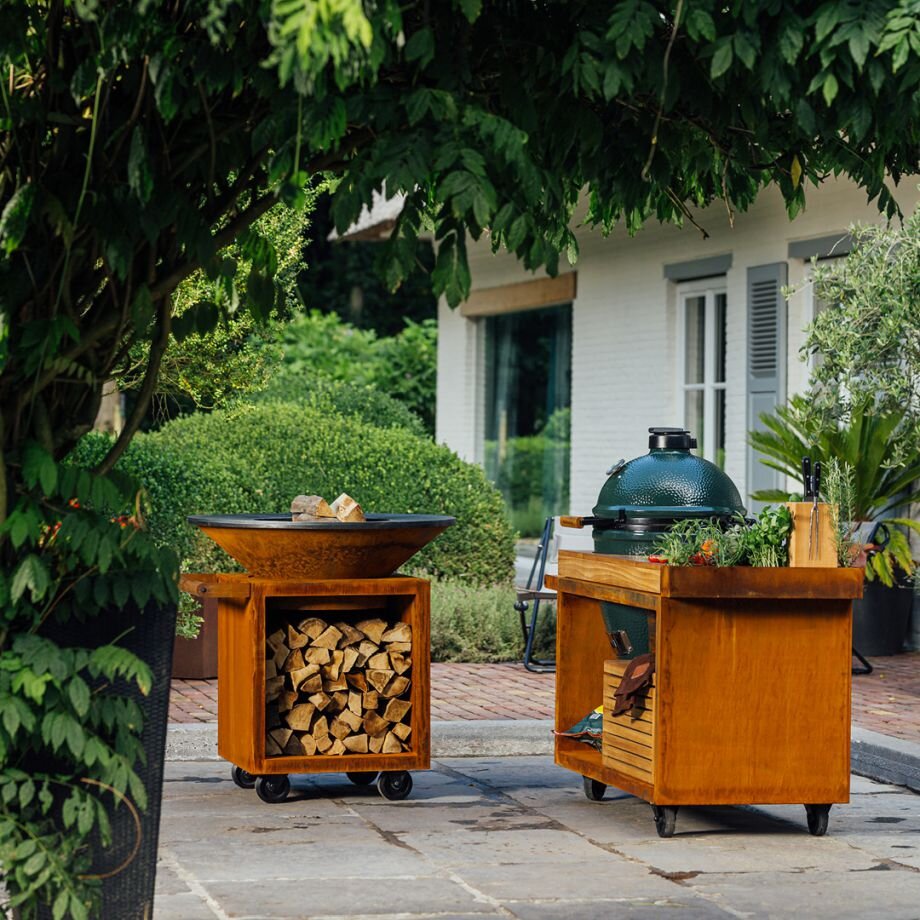Kamado Table Corten 135 PRO Teak Wood BGE — The Barbeque Shop