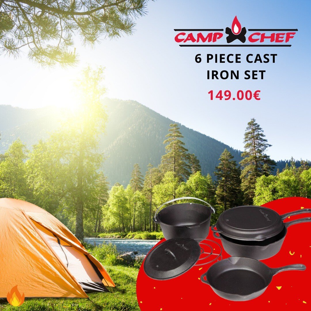 Este juego de hierro fundido de 6 piezas de Camp Chef incluye un horno holand&eacute;s sin patas con tr&eacute;bede, una sart&eacute;n de 25 cm y una sart&eacute;n profunda con una tapa a juego. &iexcl;El kit de inicio perfecto para convertirse en pr