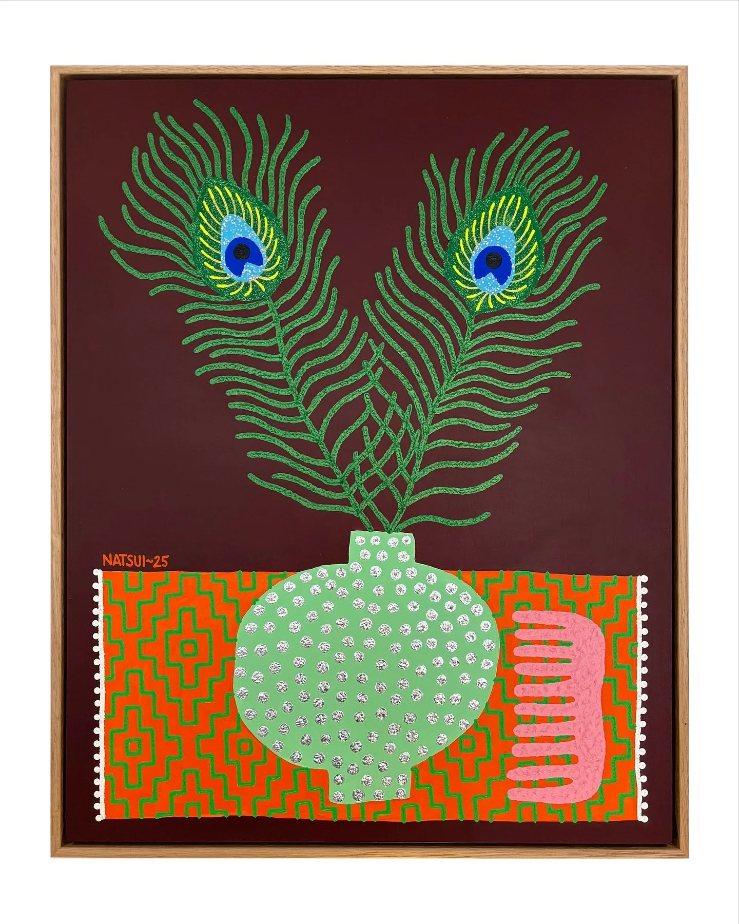 Ocelli (SOLD) // Acrylic, glitter &amp; metallic leaf on birch, 42x52cm in Vic Ash float frame 🦚 See all available works via link in bio 🪶 #peacock