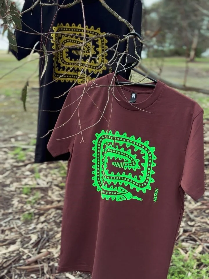 Meet the &lsquo;Rattler&rsquo; Unisex Tshirt &amp; Tote 🐍 Hand screenprinted on @ascolour Premium Classic Tee &amp; Parcel Tote, w/ organic water-based inks in specialty glitter &amp; fluoro finishes. Made in Melbourne. Small batch run, limited quan