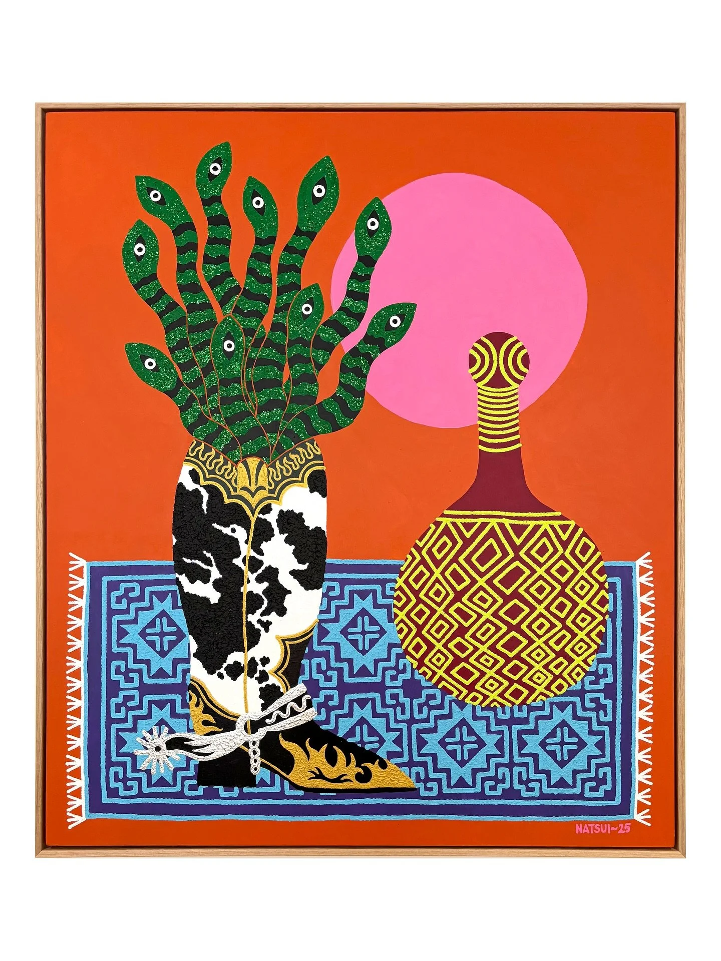 &lsquo;The Dreaming&rsquo; (AVAILABLE via @fenton_and_fenton, link in bio) // Acrylic, glitter &amp; metallic leaf on birch, 62x72cm in Vic ash float frame 🐍👢 &lsquo;The Dreaming&rsquo; is 1 of 2 new release paintings I&rsquo;ve created for the &ls