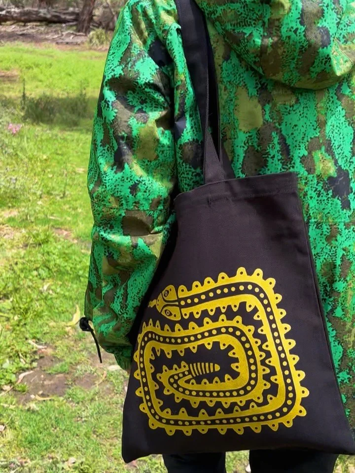 &lsquo;Rattler&rsquo; tote bag, art you can wear 🐍 The perfect companion for all your day trips. Glitter ink screen-print on @ascolour Parcel Tote, made in Melbourne. Only a handful left in the shop, link in bio. Free shipping until Friday xx