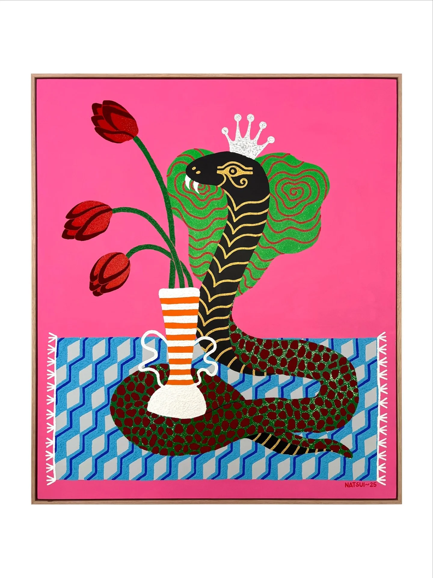 Look into my eye 👁️🌀🐍 &lsquo;Naja&rsquo; (AVAILABLE via @fenton_and_fenton, link in bio) // Acrylic, glitter &amp; metallic leaf on birch, 62x72cm in Vic ash float frame. Part of the &lsquo;Small Works, Big Stories&rsquo; group exhibition, on show