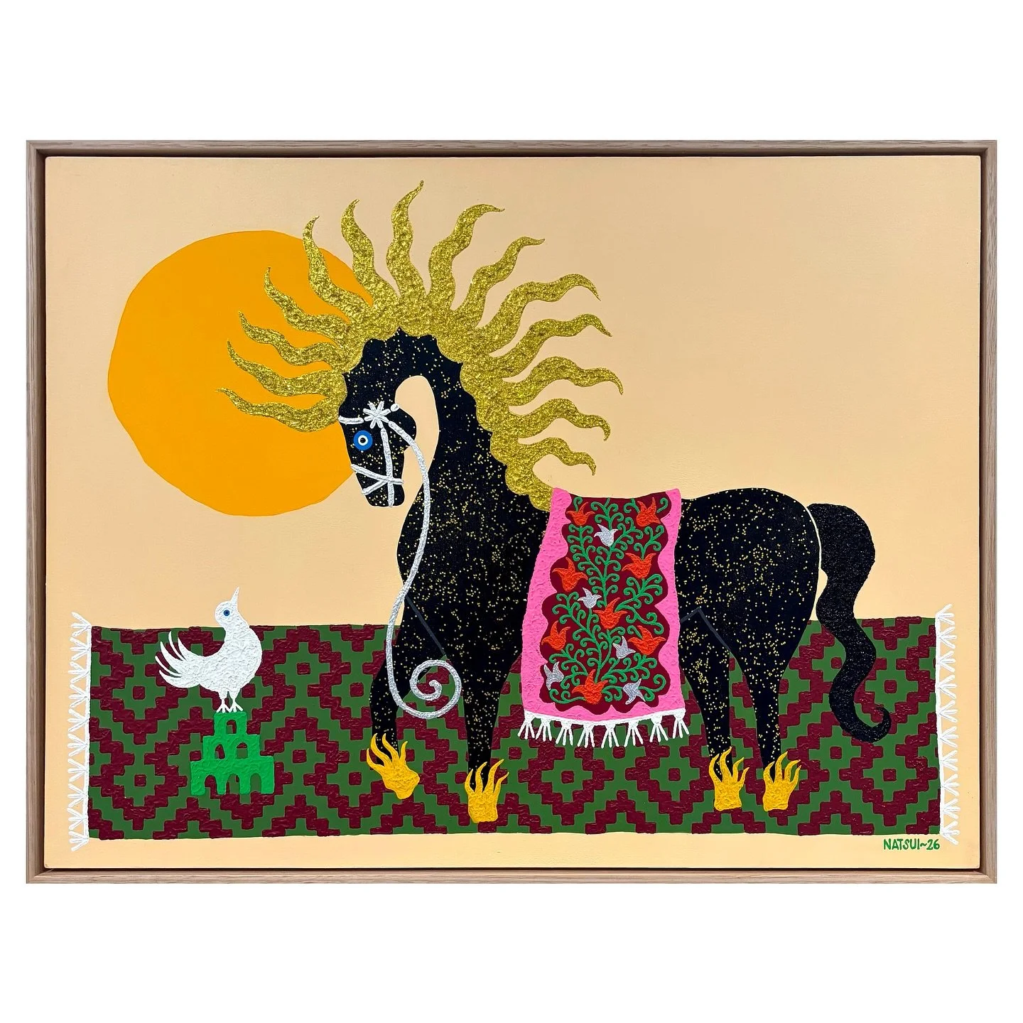 Swipe to see him move 🌞🐎🌞

&lsquo;Fire Horse&rsquo; (SOLD) // Acrylic, glitter &amp; metallic leaf on panel, 62x47.5cm in Vic Ash float frame #firehorse 

This is your last weekend to catch &lsquo;Locals&rsquo; group show @outregallery go go go