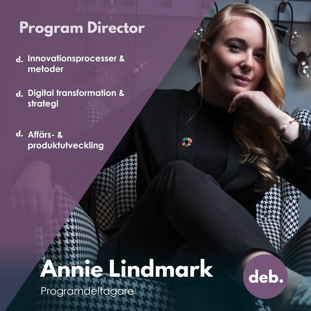 Det &auml;r s&aring; roligt att kunna presentera ytterligare en deb. deltagare! Annie Lindmark. 
Annie &auml;r idag program director d&auml;r hon arbetar med innovationsfr&aring;gor och finansiering. Med ett driv och passion f&ouml;r deeptech och dig