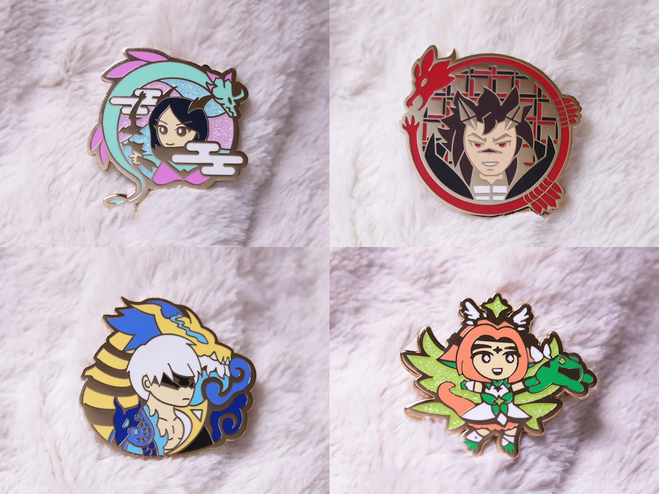 Enamel pins of Fae Dragon Ashe (top left), Obsidian Dragon Sett (top right), Storm Dragon Lee Sin (bottom left), and Star Guardian Neeko (bottom right) I created