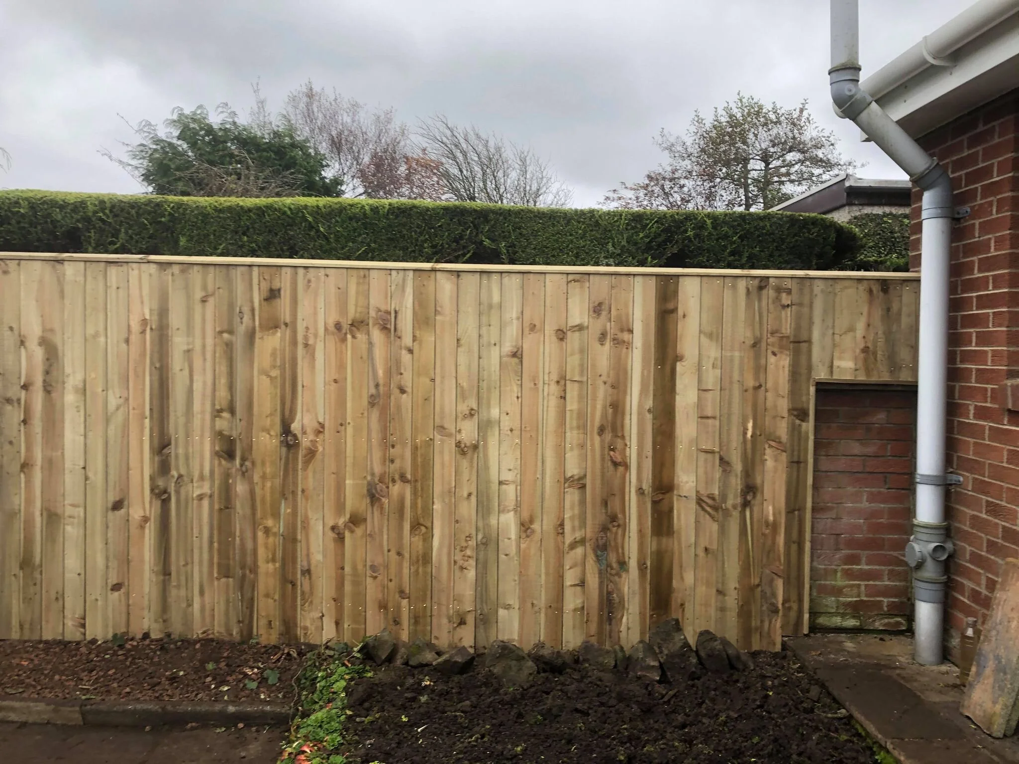 Beautiful privacy fence with a top rail in front of a hedge with our customers special request visible on the bottom right.