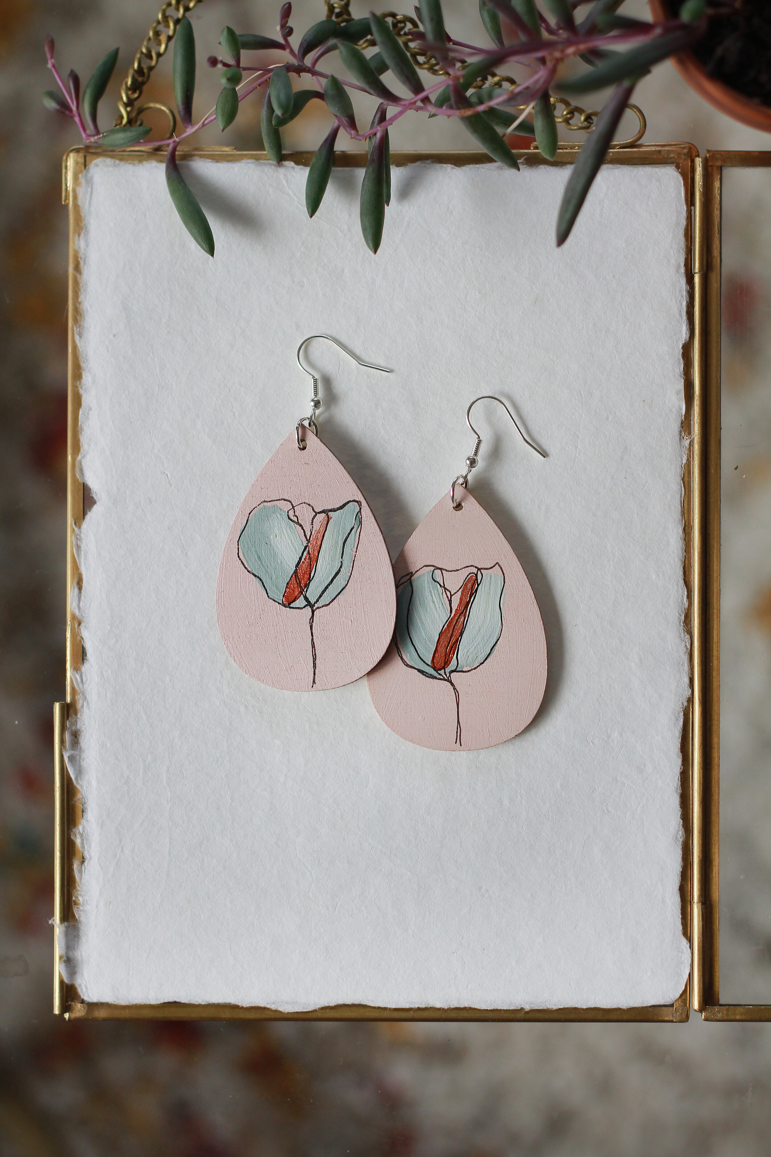 Pale Pink with Light Blue and a Contour Flower Earring