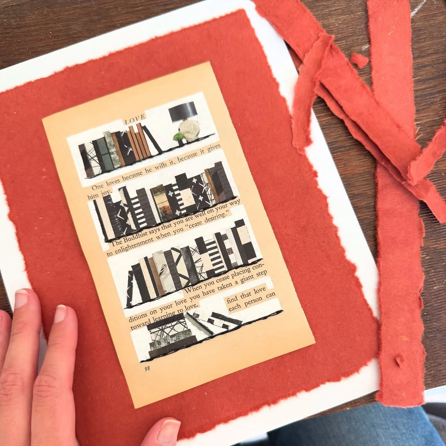 I took a page carefully torn from a &ldquo;Love&rdquo; by Leo Buscaglia book that I found at a local antique shop and brought it to life in my studio. 📖 With a combination of magazine clippings ✂️ chosen and carefully cut to take the shape of books 