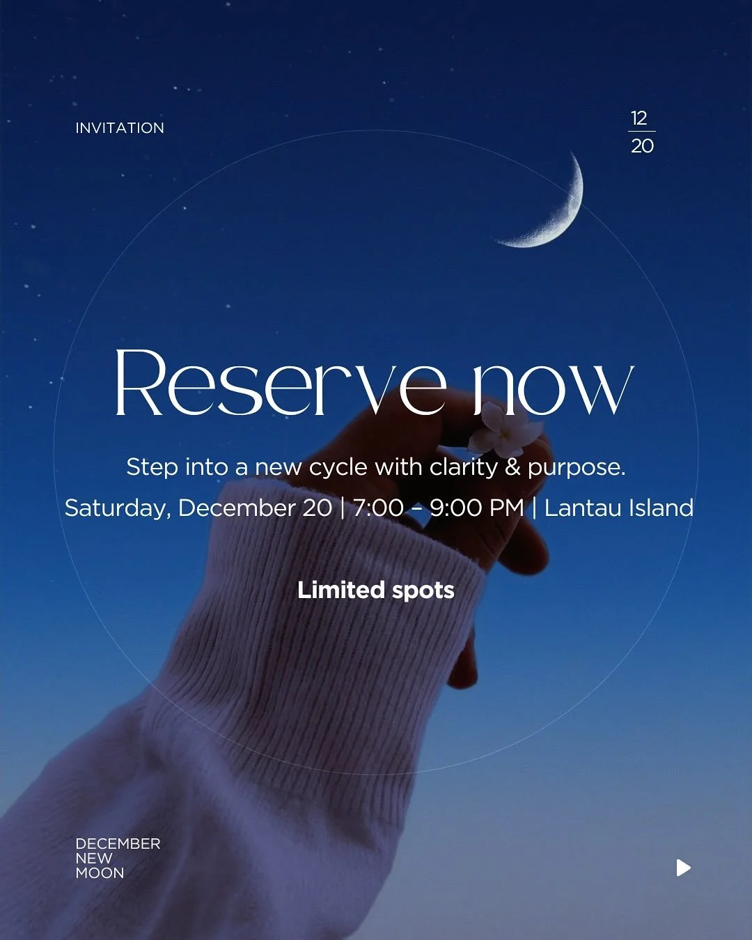 New Moon Renewal: Final New Moon of 2025
🗓 Sat, Dec 20 &bull; 7&ndash;9 PM
⛰️ Lantau Island (secret spot)
📍 Limited spots
🧚&zwj;♀️ DM to join

Step into the last New Moon of 2025, on the eve of the Winter Solstice. It set into a powerful moment to