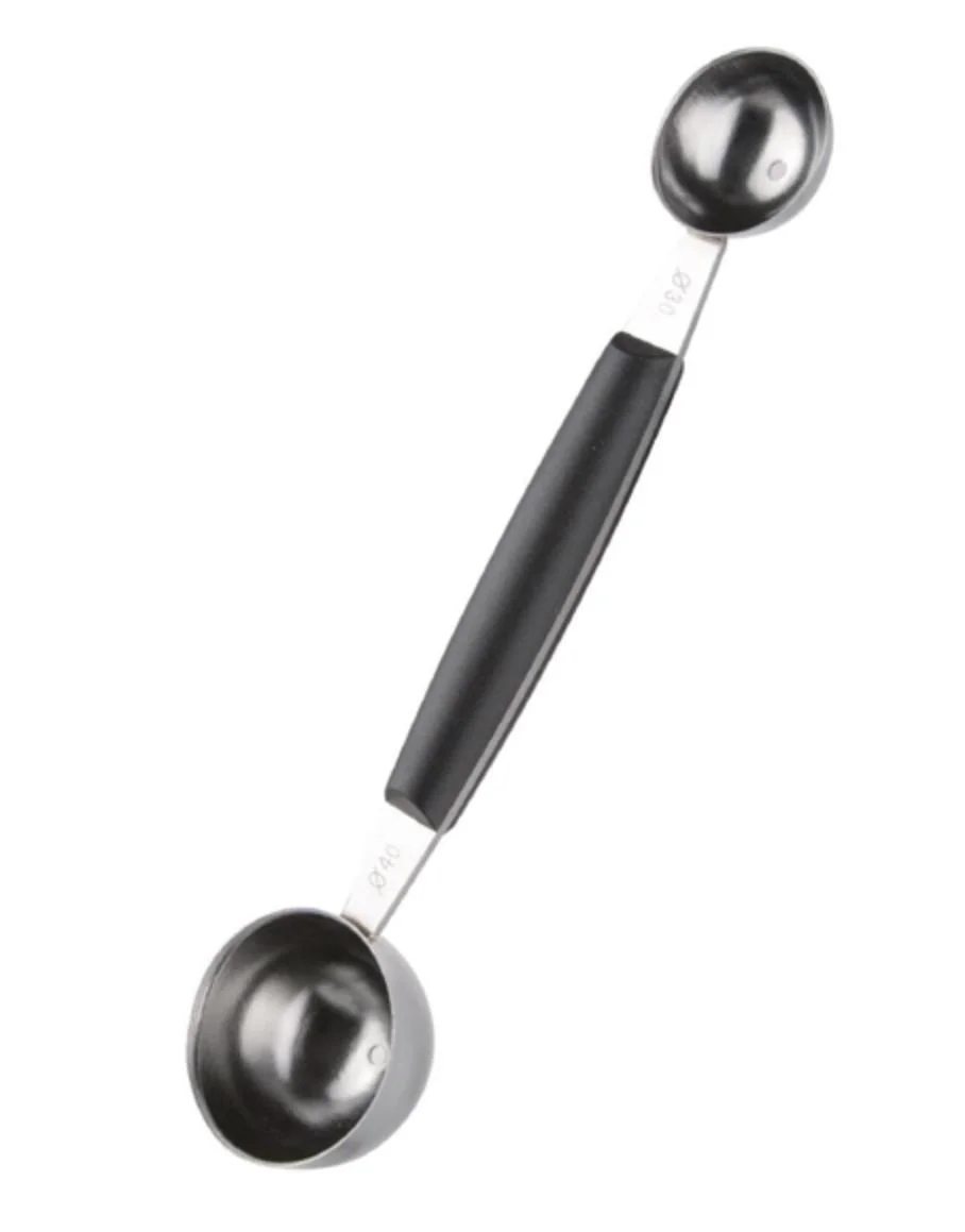 Melon Baller - Create perfect spheres of fruit every time with this double melon baller. Featuring one 30mm scoop and one 40mm scoop, the utensil gives you identical balls with each use, helping you control portion sizes and ensure your presentation 
