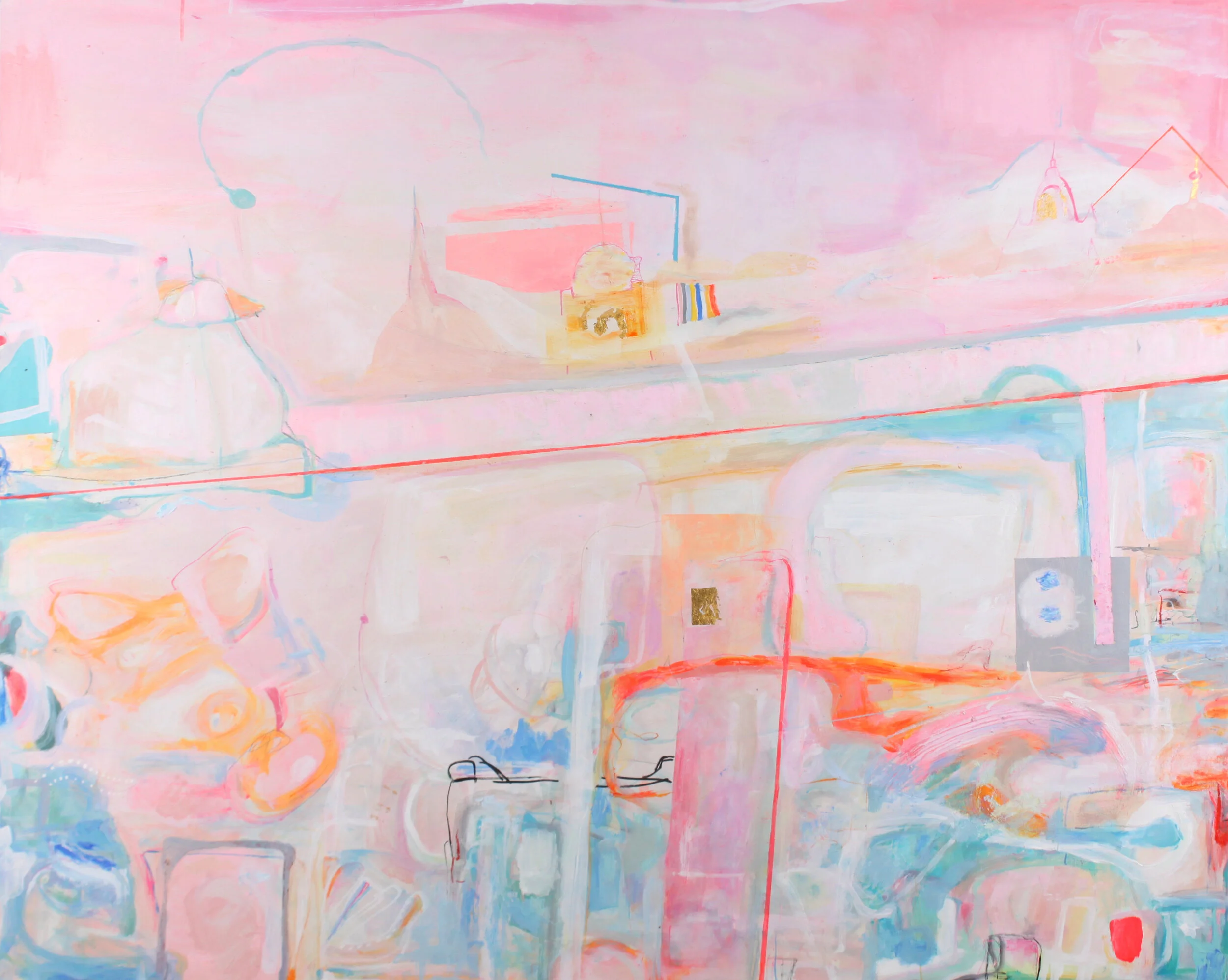 'Sun Setting Over the Bagan Temples' 2017, Oil, acrylic & gold leaf on genuine gesso board, 100 x 82 cm