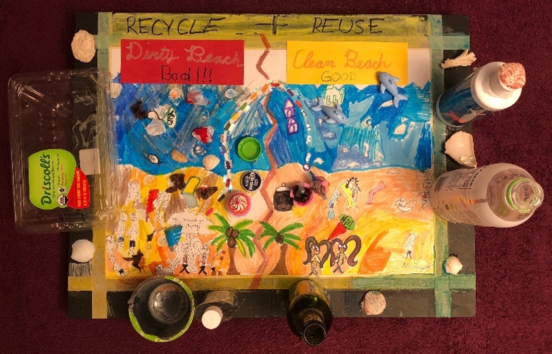   Artwork 4: Nicky's Two Beaches, 3rd Grader UNSDG: Life Below Water &amp; Responsible Consumption &amp; Production “In my art there are two beaches, a clean one and a dirty one. The clean one represents the things you should be doing, and the dirty 