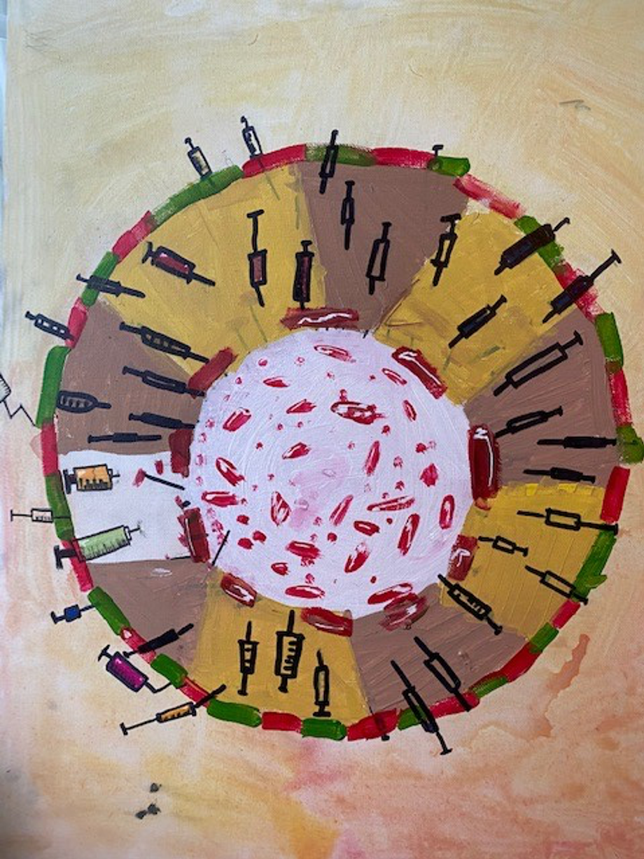   Artwork 1: “Getting to Zero” by Eli, 4th grader UNSDG: Good Health and Well-being “This is my COVID-19 dartboard. When you get to zero in&nbsp;darts you win. We need a vaccination to get to zero new cases for&nbsp;   COVID   -19. The syringes&nbsp;