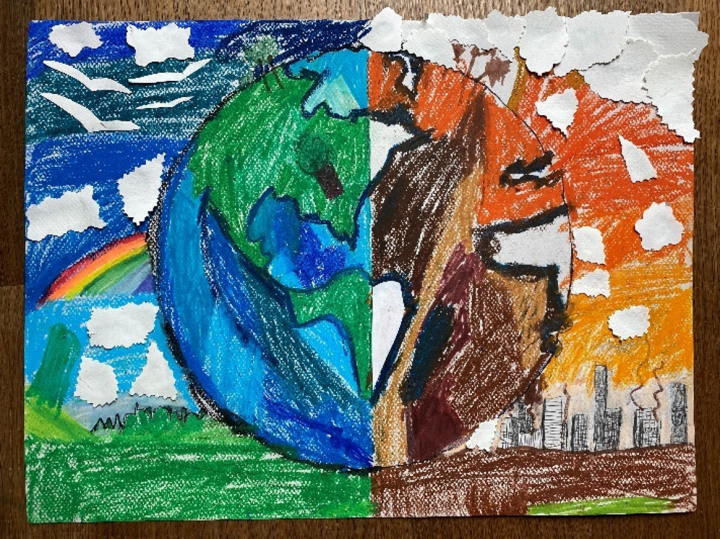   Artwork 5: Marley's “Earth 2.0”, 4th Grader UNSDG: Climate Action “I drew this world, because I wanted to show that if we don't stop hurting our Earth then the Earth is going to turn into an unhealthy environment where we cannot live.&nbsp; It will