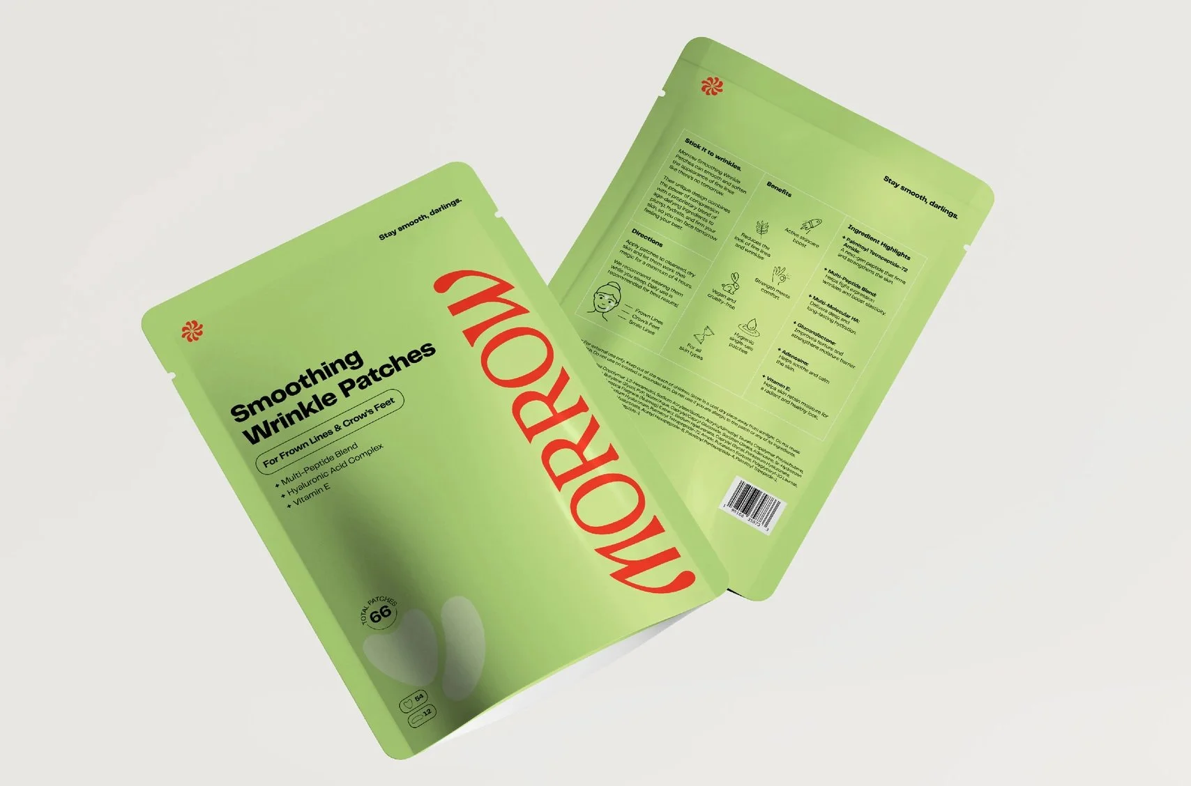 Green package of MORYOW smoothing wrinkle patches with text highlighting ingredients and instructions.