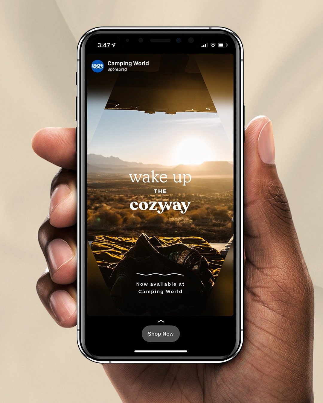 Home is wherever you park it.

CozyWay invites RV travelers to drift off under sage-green sheets, wake restored, and chase the next horizon. Discover how thoughtful naming, calming visuals, and a clear Camping World connection turned a tweet into tan