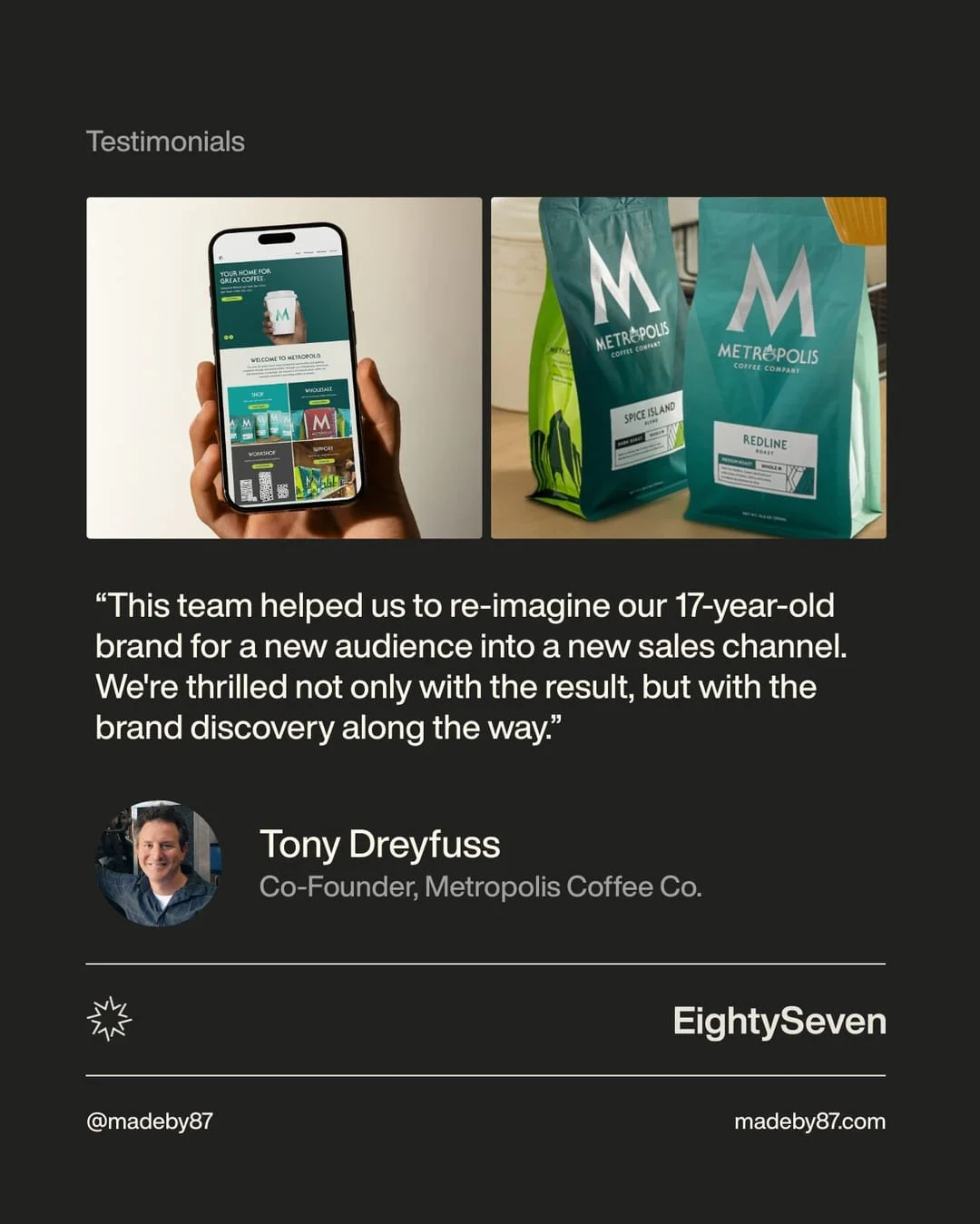 We&rsquo;re so grateful to work with such wonderful clients. Tony and the Metropolis team (metropoliscoffeeco) are committed to providing the highest quality coffee to their customers and partners.
 
 
With the renewed brand discovery, Metropolis exp