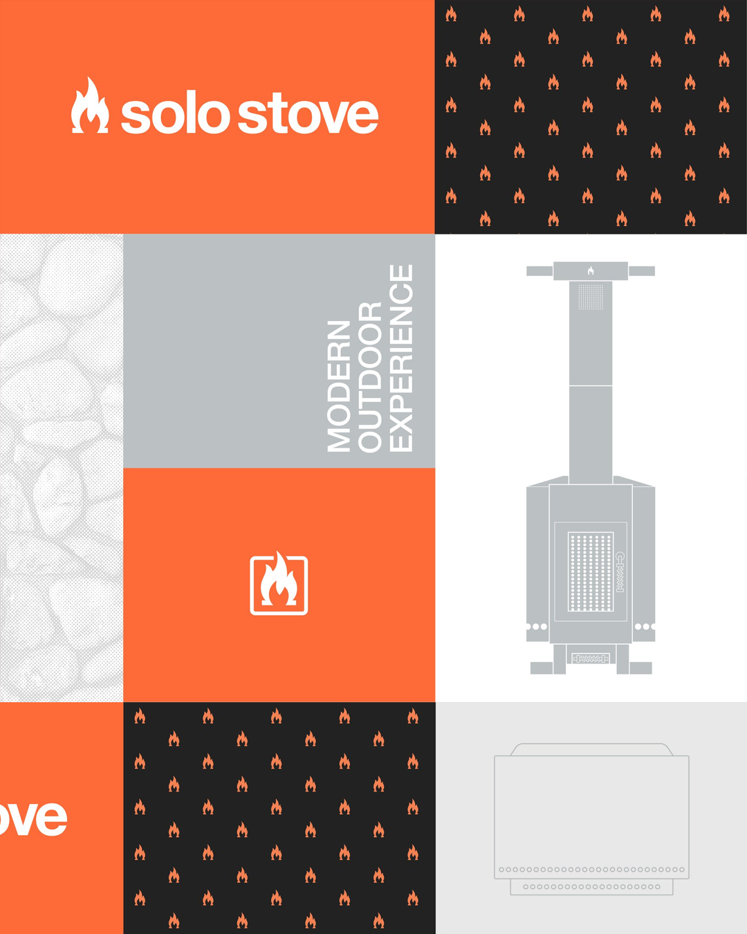 Packaging box for Solo Stove, a modern outdoor outdoor experience, featuring orange, black, gray colors, flame icons, and a simple stove illustration.