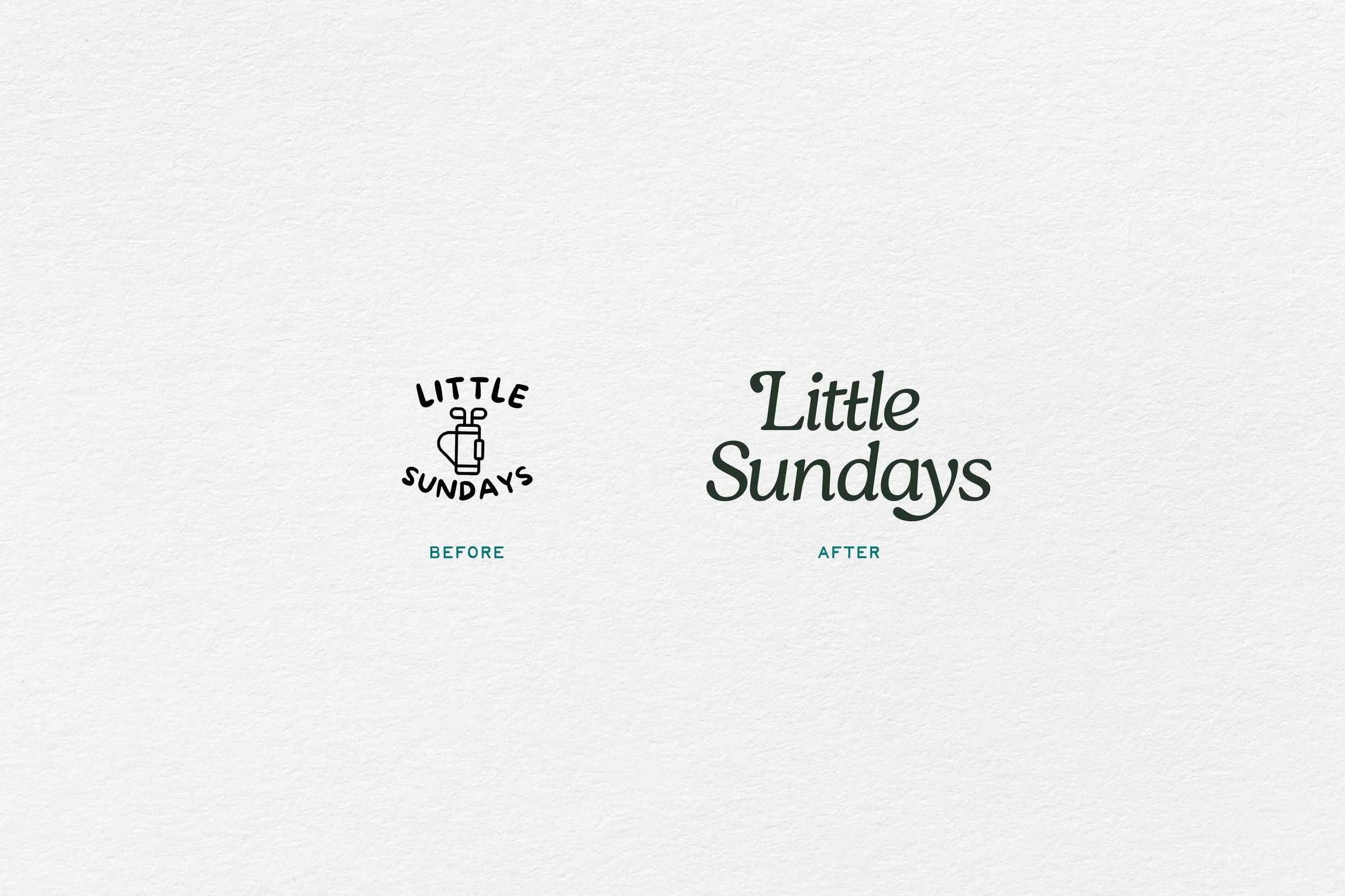 Comparison of a logo design for 'Little Sundays,' with a simple line drawing of a milk bottle and the words 'LITTLE SUNDAYS' in a minimalist font labeled 'BEFORE' on the left, and a refined, styled text logo in the same words labeled 'AFTER' on the r