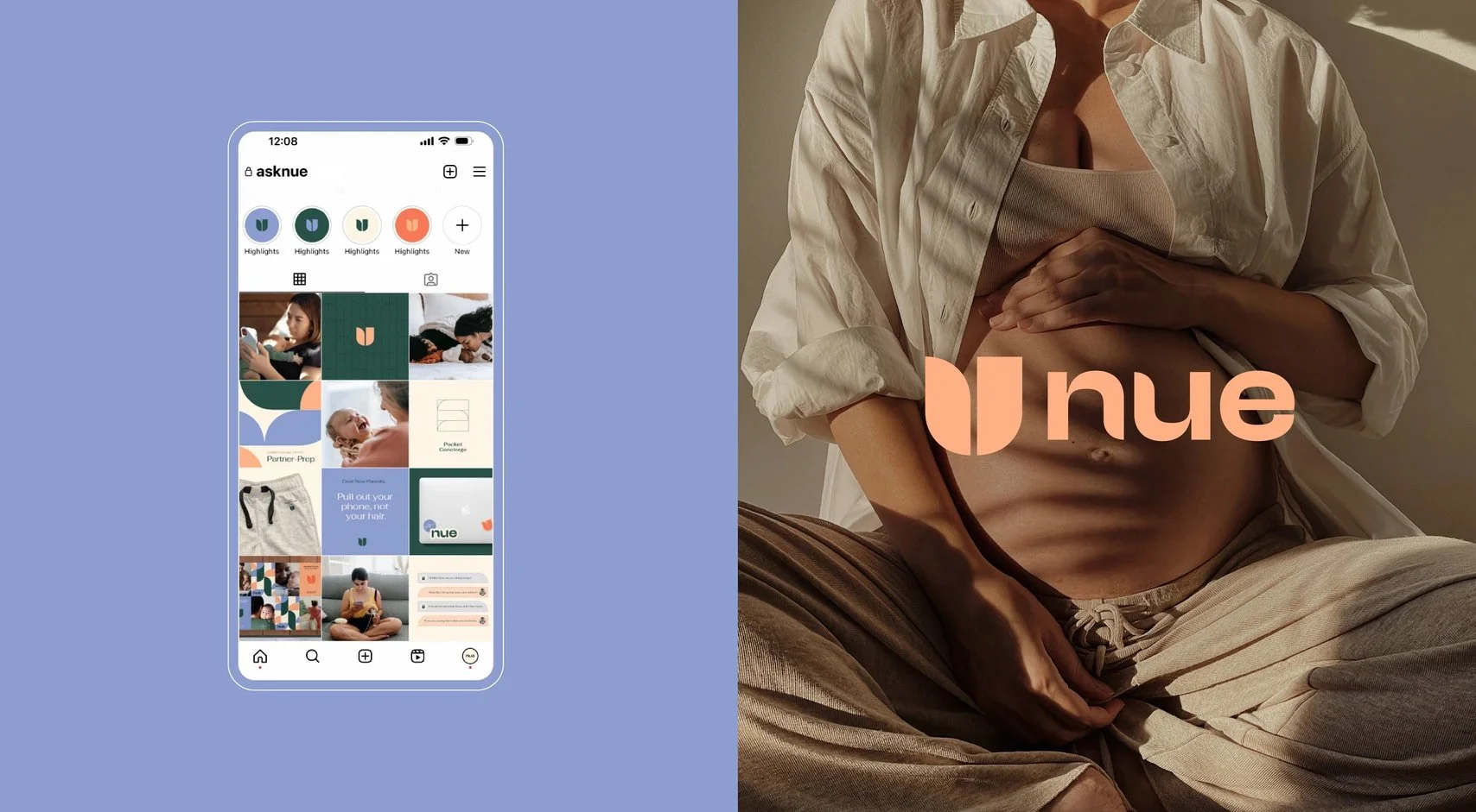 A split image with a smartphone screen showing social media content on the left and a woman in beige loungewear sitting in a relaxed pose on the right, with the logo and text 'nue'.