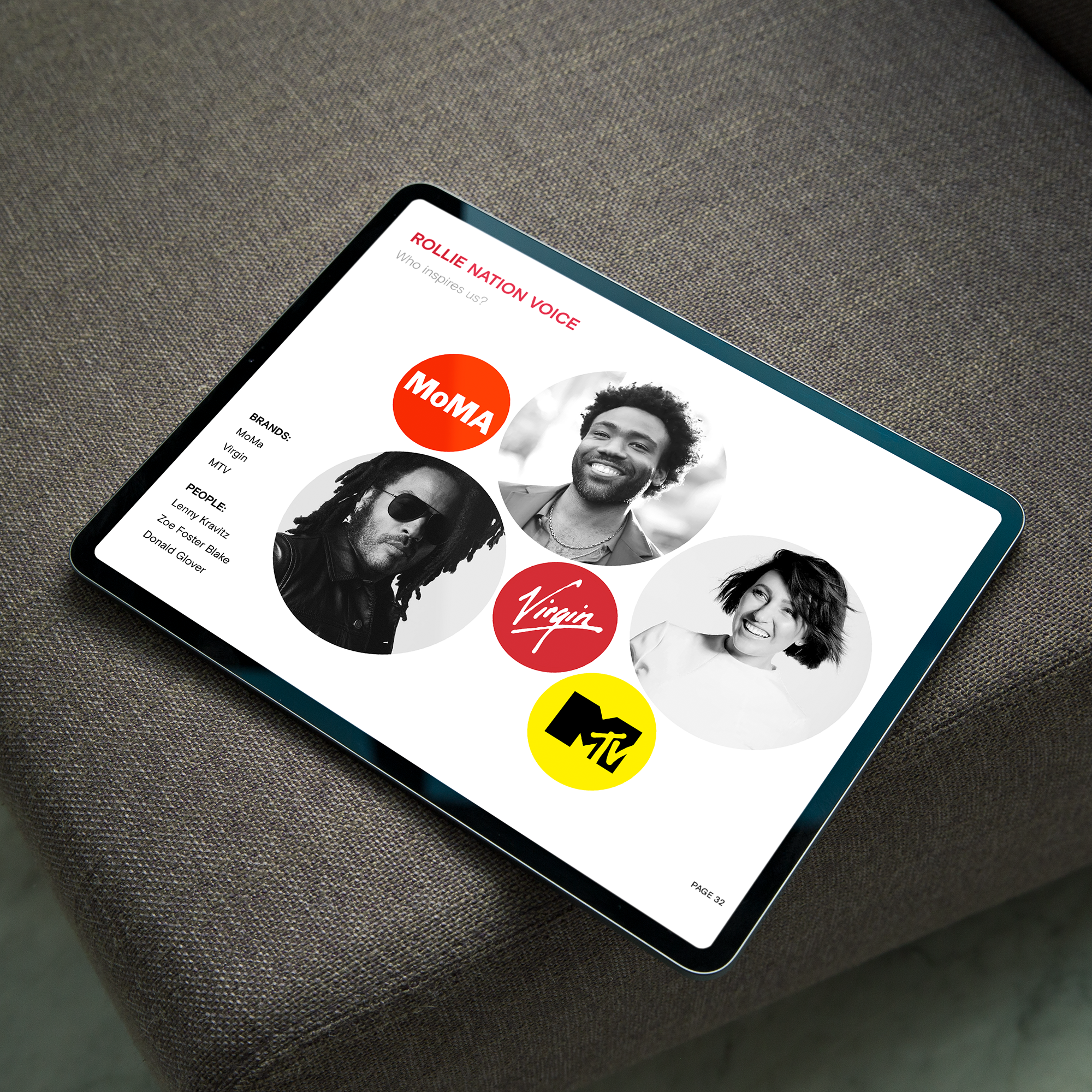A tablet displaying a page titled 'Rollie Nation Voice' with three black and white photos of people, each with a circular logo beside them representing brands. The brands are 'MoMA,' 'VICII,' and 'MTV,' underneath the photos. The page includes a list