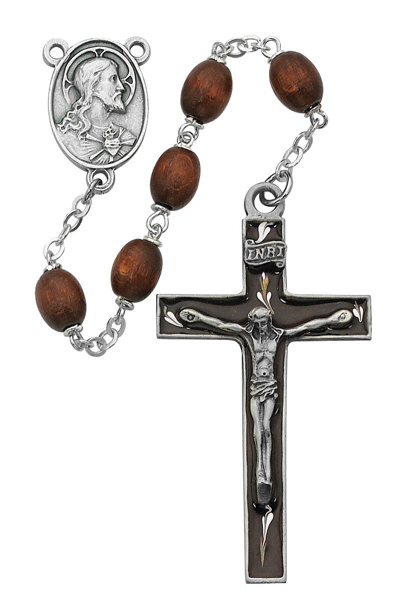 Simple Corded Wood Rosary, Brown 7 mm Beads and Stamped Crucifix - 12