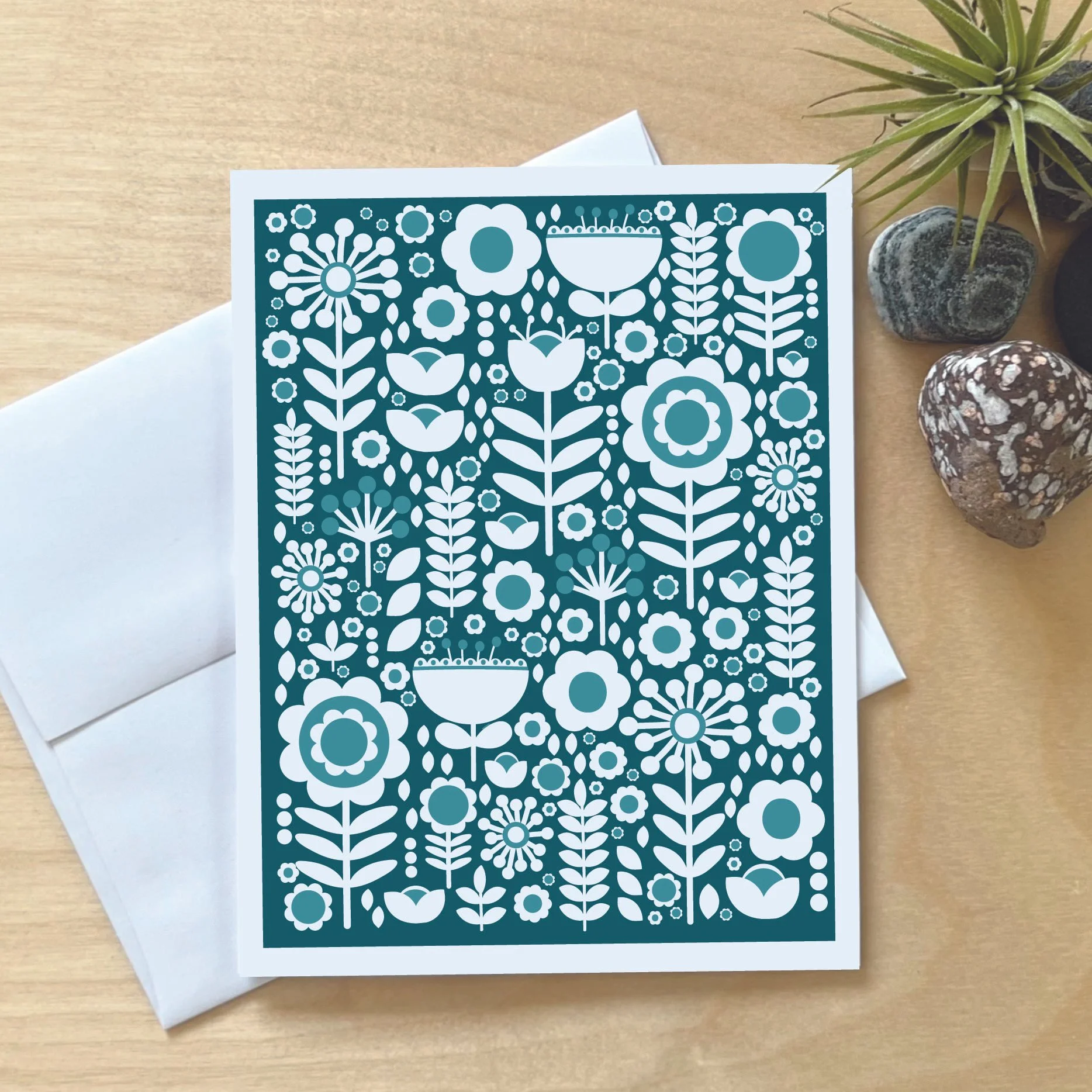 Folk Flowers Dark Teal Notecard