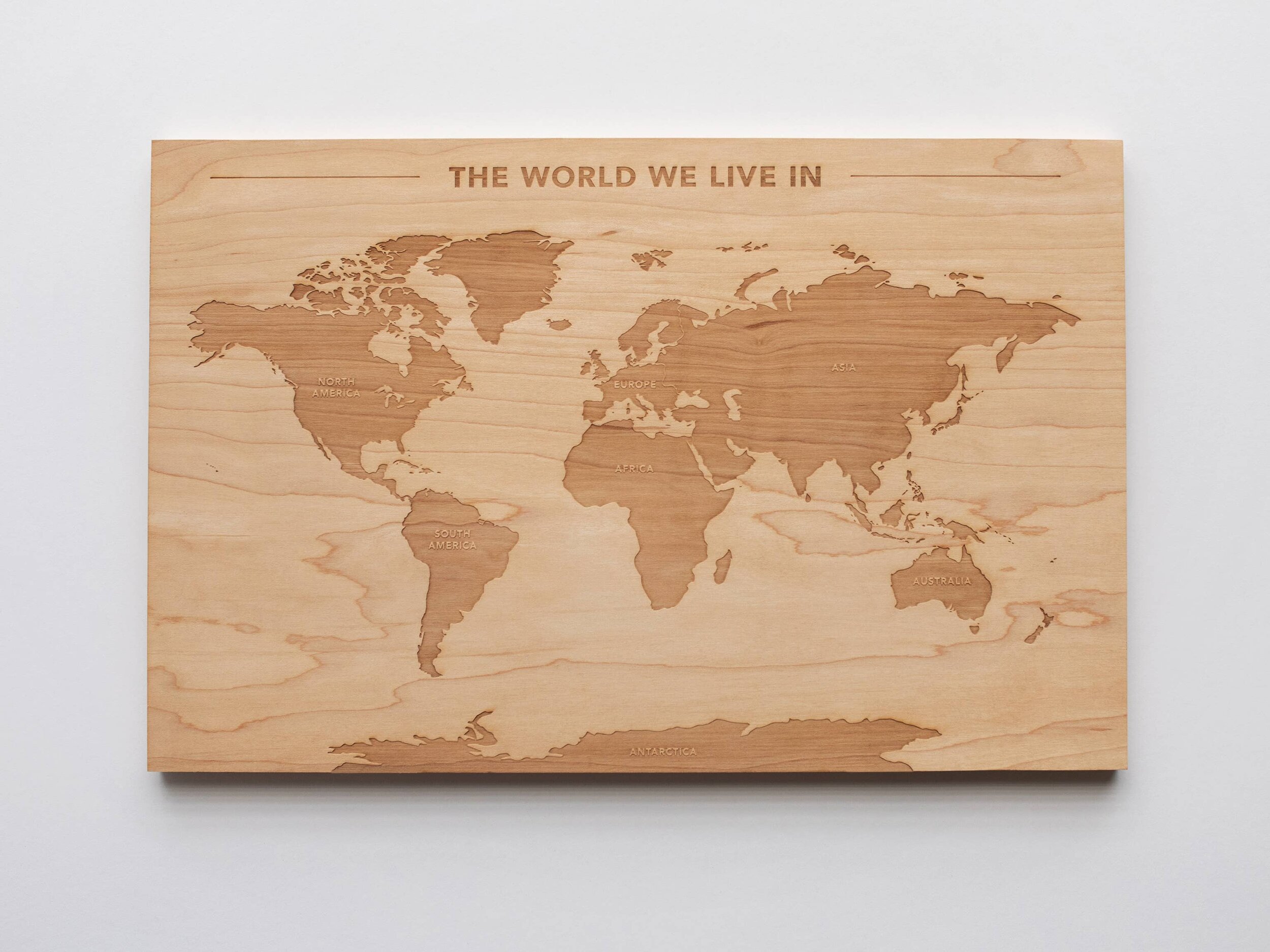Wooden World Map l Engraved Modern Map of World's Continents
