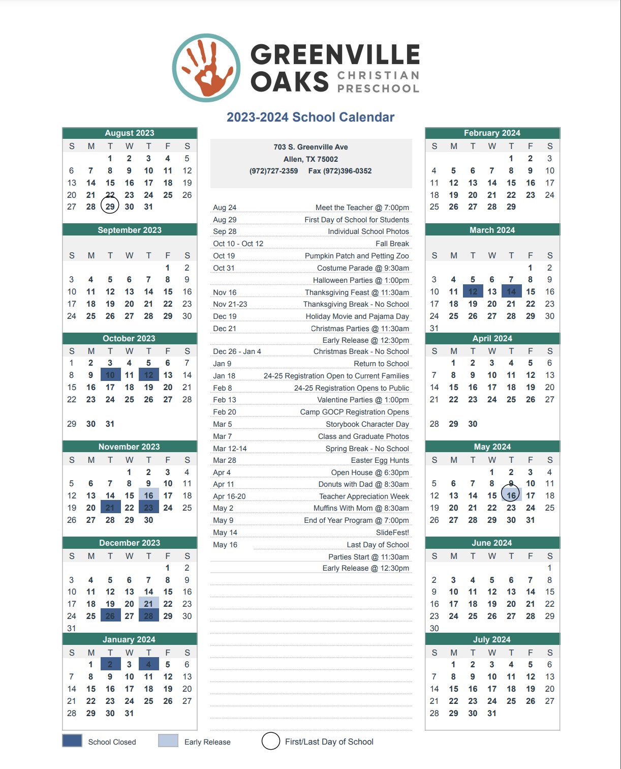 Event Calendar — Greenville Oaks Christian Preschool