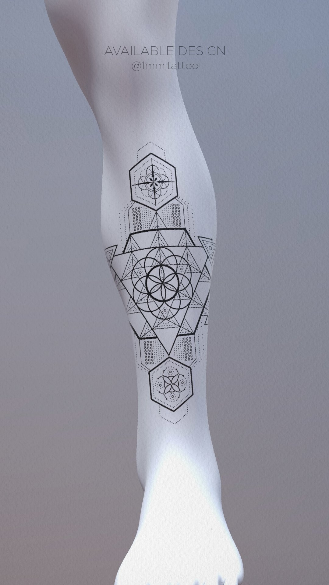 Fine-line sacred geometry tattoo mockup of the Fifth Element design placed on the calf featuring alchemy symbols and the Seed of Life created by 1MM Tattoo.