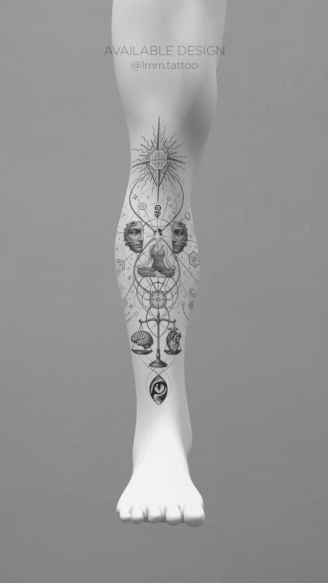 Fine-line celestial tattoo art on the lower leg featuring a meditating woman, unalome path, pulsar compass, star map, and balanced heart and brain scale, spiritual meditation and creative awareness design by 1MM Tattoo.