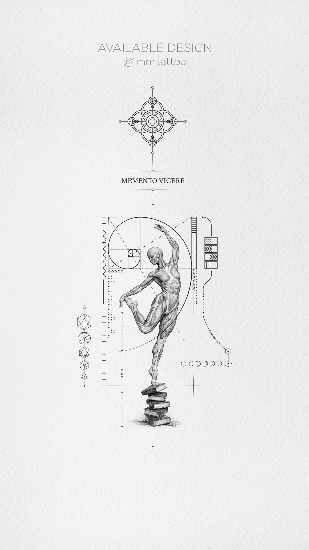 Fine-line tattoo design showing an anatomical human figure balancing on books with sacred geometry and Fibonacci spiral symbolism