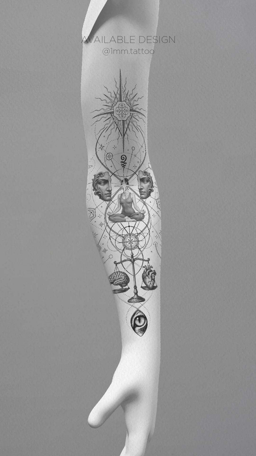 Vertical forearm tattoo design with sacred geometry, cosmic symbols, unalome journey, omnidirectional faces, and a meditative female figure, inspired by yoga, mindfulness, creativity, and inner awareness tattoo art.