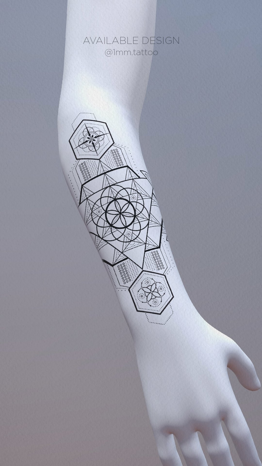 Fifth Element sacred geometry tattoo design shown on the forearm with alchemical icons, hexagonal frames, and Seed of Life linework by 1MM Tattoo.