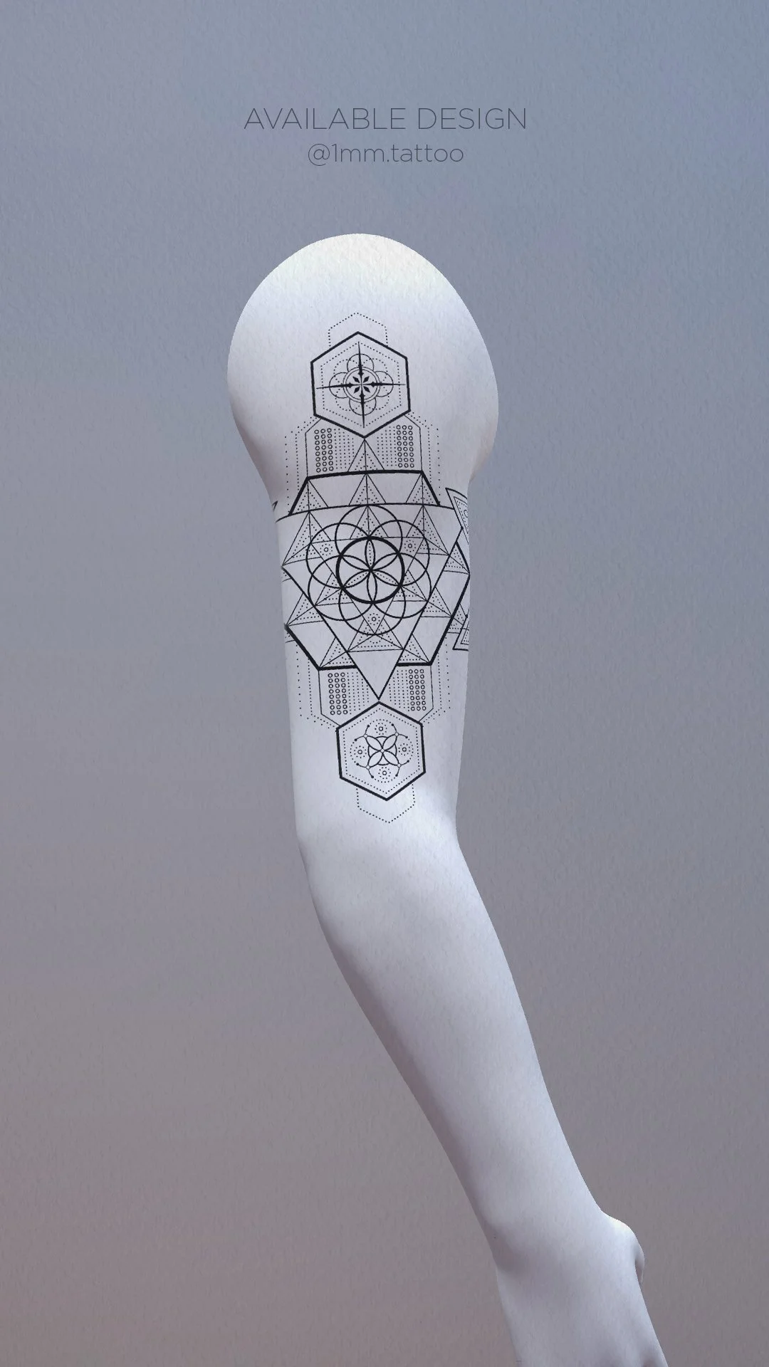 Geometric Fifth Element tattoo mockup on the upper arm displaying the Flower of Life, Metatron’s Cube, elemental symbols, and intricate fine-line detailing by 1MM Tattoo.