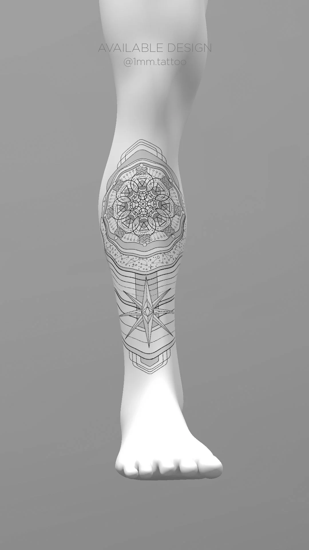 Vertical geometric armor tattoo on the shin inspired by medieval leg guards, sacred geometry patterns, and symbolic protection linework