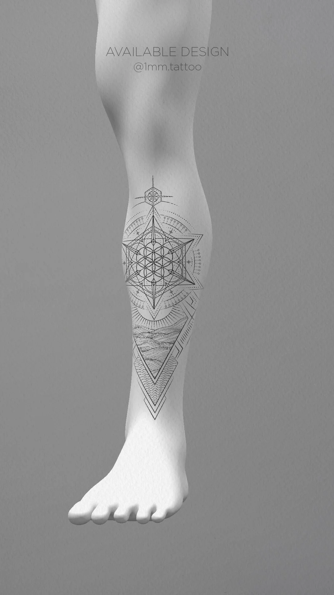 Shin tattoo placement mockup showing Liquid Ice geometric water element tattoo with crystalline mandala above and abstract ocean wave lines below in vertical composition