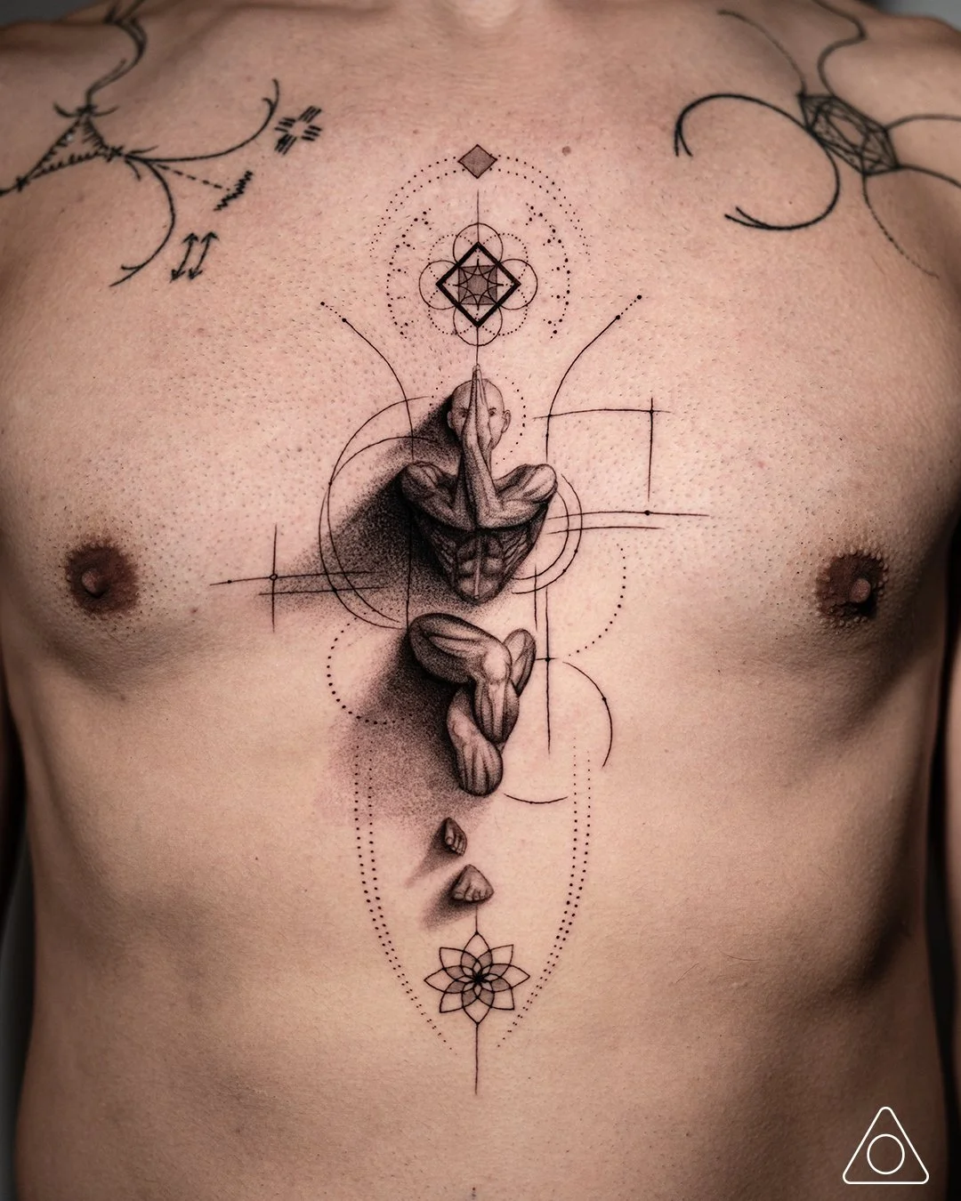 Disciplined Stillness Garudasana tattoo with sacred geometry, fine-line tattoo art by 1MM Tattoo artist in Dallas, Texas