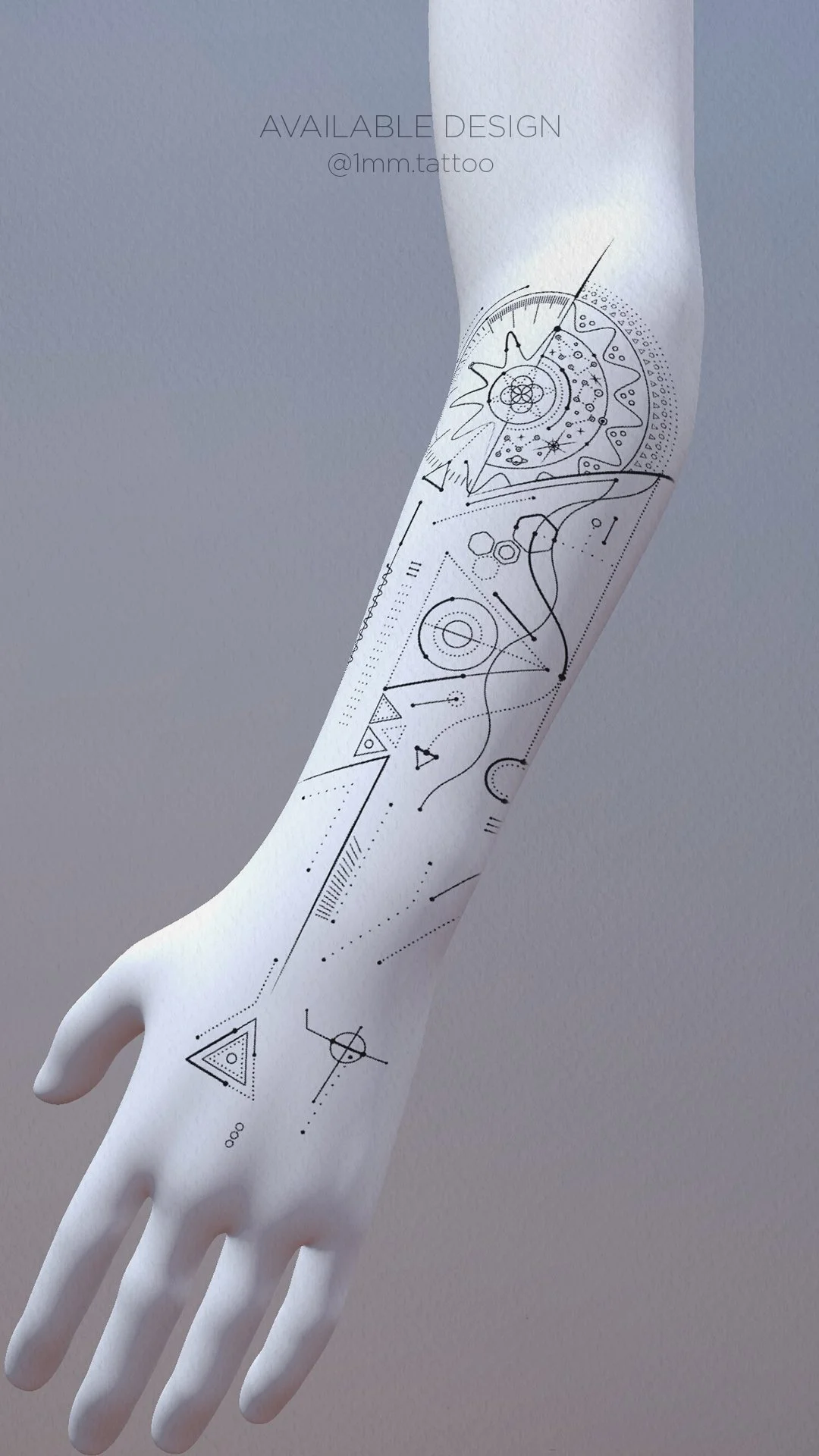 Solar Vector geometric tattoo design shown on a 3D forearm model with fine line sacred geometry, vector structures, and celestial elements created by 1MM Tattoo.