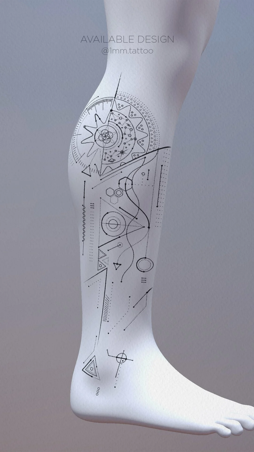 Solar Vector geometric tattoo design displayed on a 3D calf model featuring precision linework, fractal geometry, and symbolic solar elements created by 1MM Tattoo.