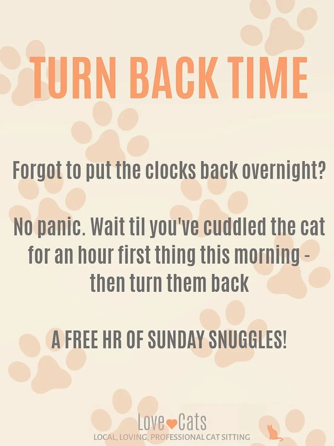 Plans for this morning before I'm out cuddling your cats too 🐈&zwj;⬛️🧡🕘🐈 (Also anyone else feel like they're jet lagged every single time we change the bloody clocks?)

~~~~~~~~
Award winning Love Cats Croydon is your local, loving, professional 
