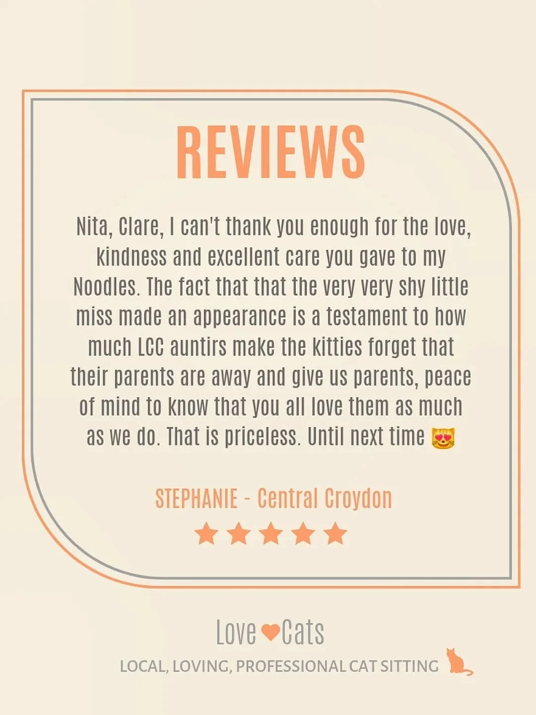 #caturday love 🧡 Lovely feedback for our sitter Clare and I on a recent long booking we shared. Noodles is such a shy little soul, but made an appearance for both of us as soon as she was comfortable enough! Testament to Clares patience and keeping 