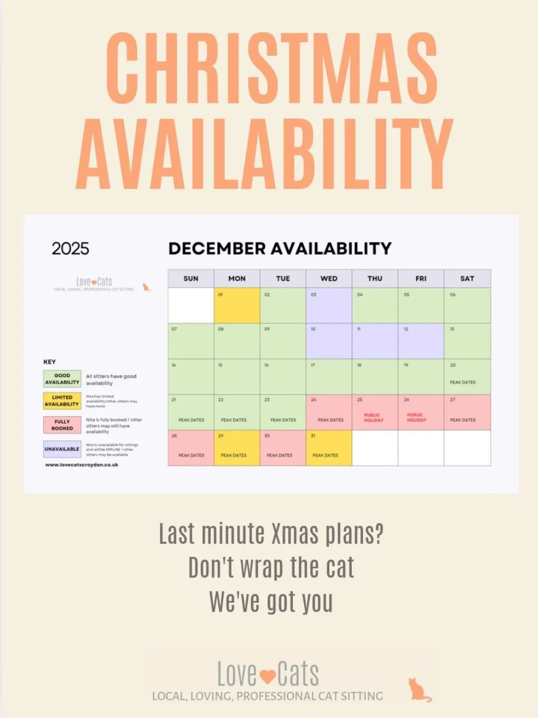 Last minute Christmas plans?
I hear you. I've not even started shopping or made cards yet.
But no worries - we just need at least 7 days notice and still have a few slots available with our festive elves (ie, our fabulous sitters 🧡)

Sharon, Christi