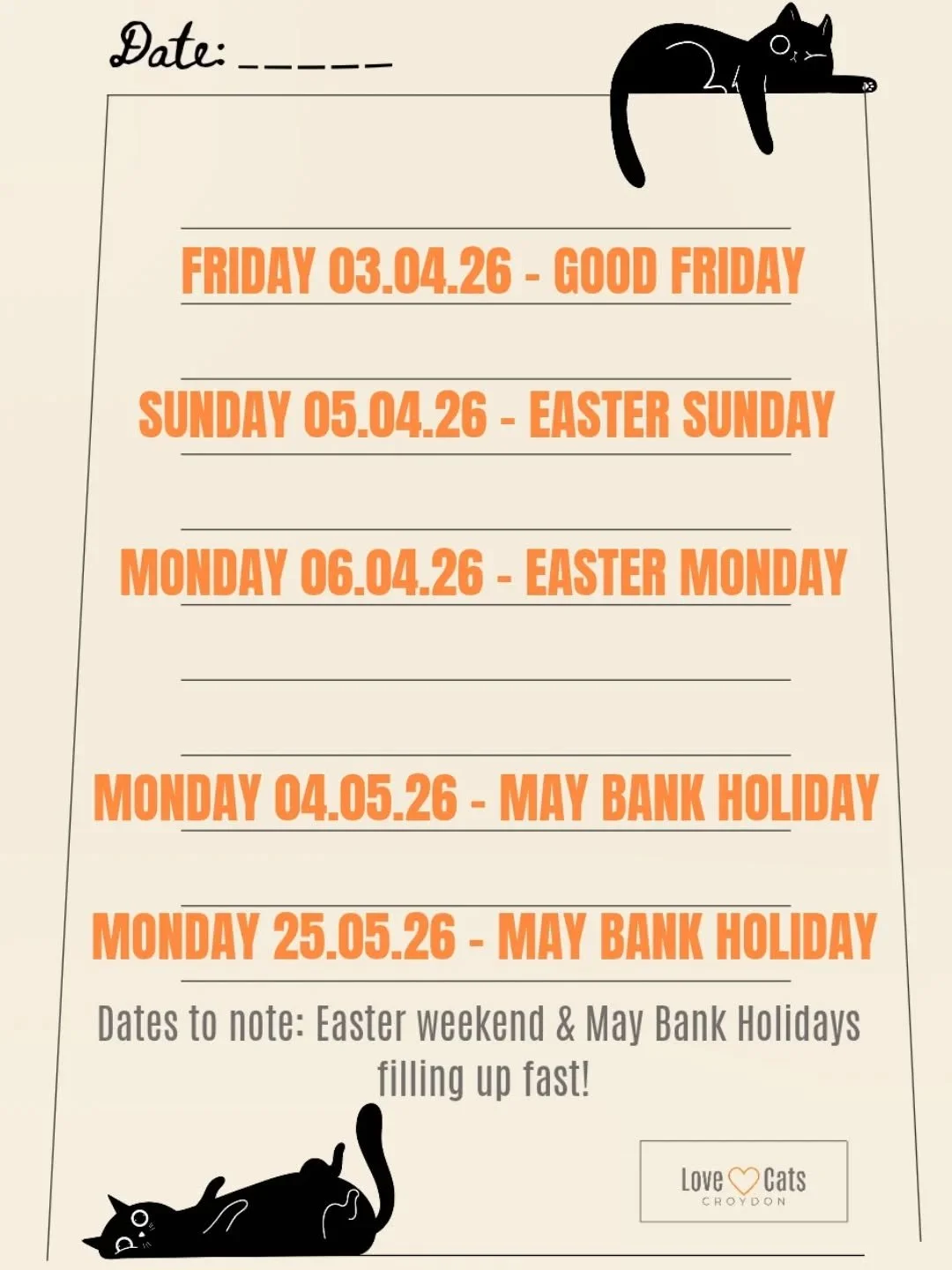 I know we're still recovering from Valentines weekend, and we're in the midst of half term, but dates for your diary to keep in mind...EASTER AND MAY BANK HOLIDAYS! 

We will be there before you know it, and heads up - these dates are already filling