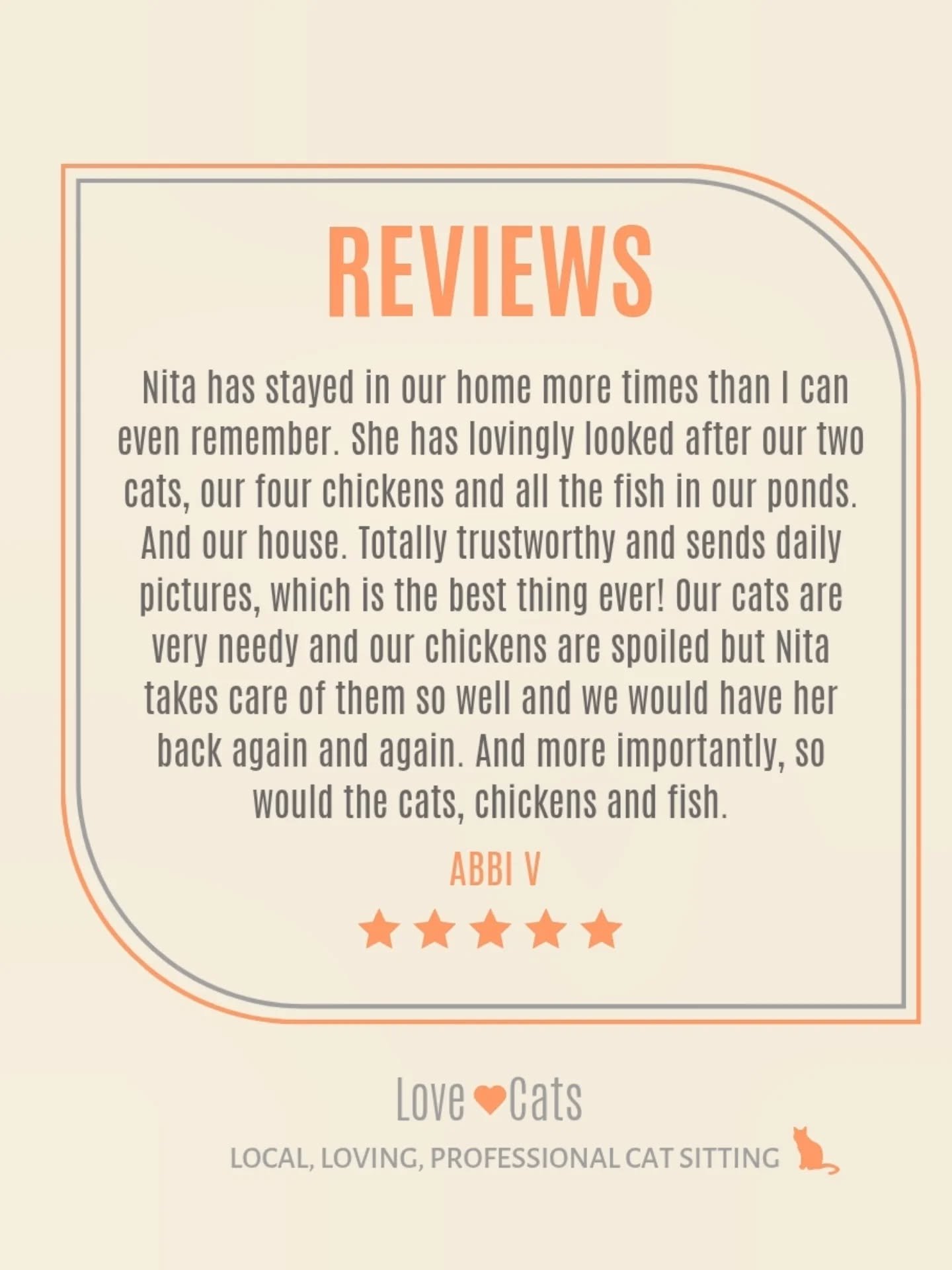 Throwback to one of our first ever reviews! When things all started getting real and the business kicked off, back in 2018.

If any of our cat sitters have visited recently and you'd like to leave them a review too - you can leave a Google review, yo