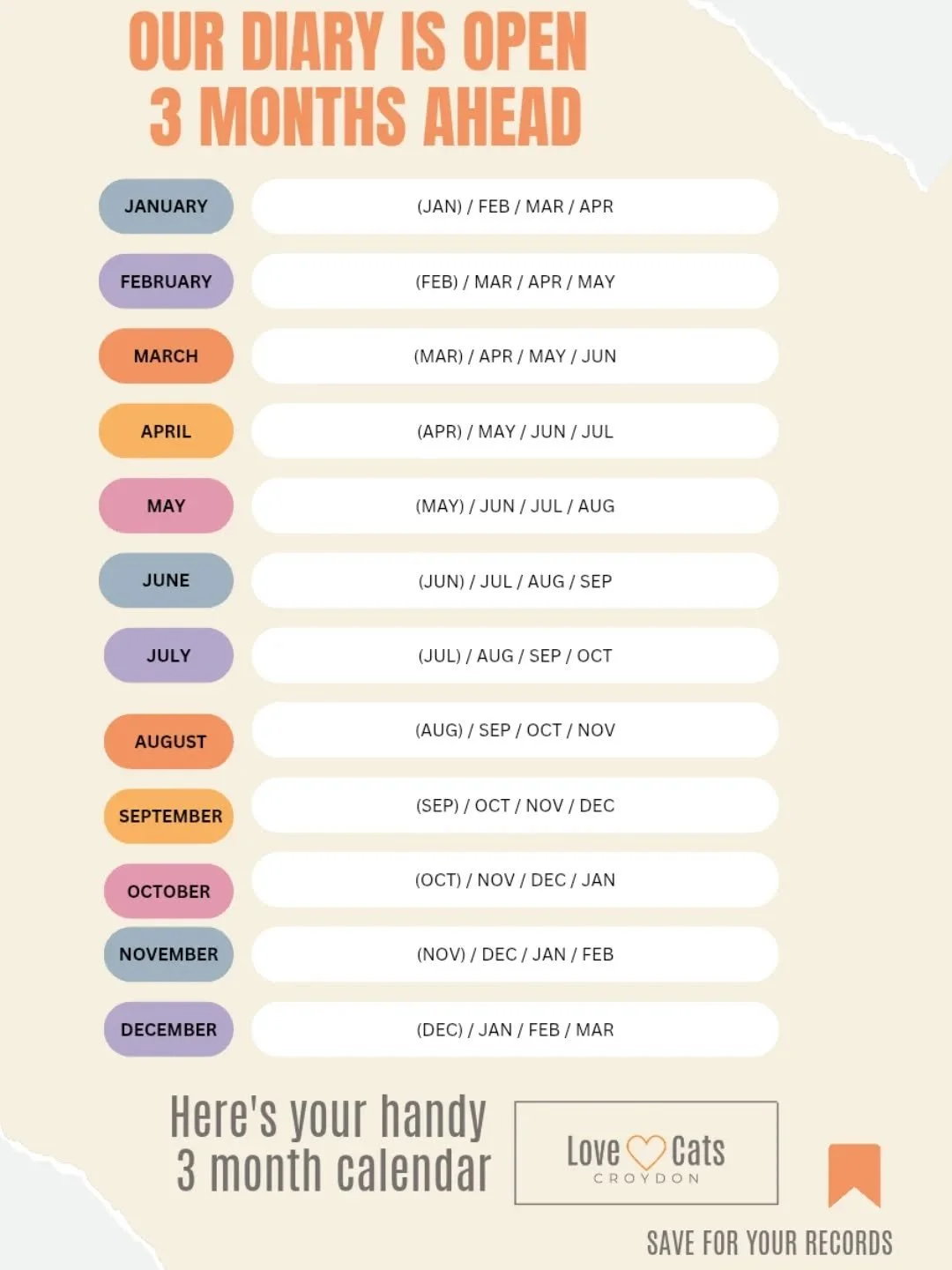 Now the suns out, whos planning their holidays? Please SAVE THIS POST to help your planning 🗓

It's a little reminder that @lovecatscroydon we open the diary 3 MONTHS AHEAD for advance booking enquiries.

We&rsquo;ve worked this way for the last 4 y